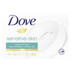 Dove Sensitive Skin Beauty Bar packaging highlights unscented formula for daily use.