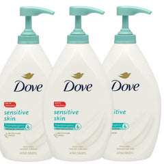 Dove Sensitive Skin Body Wash pump bottle delivering gentle cleansing for sensitive skin.