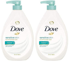 Dove Sensitive Skin body wash pump bottle front for gentle cleansing.