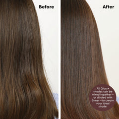 dpHUE Gloss+ Auburn before-after highlights temporary color lift and luminous glow.