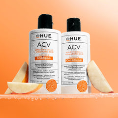 dpHUE ACV Revitalizing Shampoo ingredient panel featuring apple cider vinegar for balanced scalp