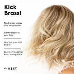 dpHUE Cool Blonde Shampoo lather demonstrates violet pigments for color-safe toning of brassy hair.