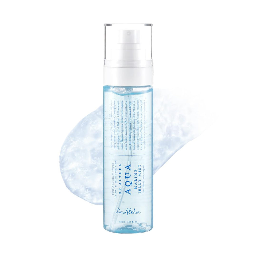 Dr.Althea Aqua Marine Jelly Mist bottle closeup demonstrates hydration-boosting formula.