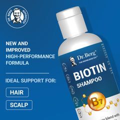 Dr. Berg Biotin Shampoo front label highlights paraben- and sulfate-free formula for healthier scalp.