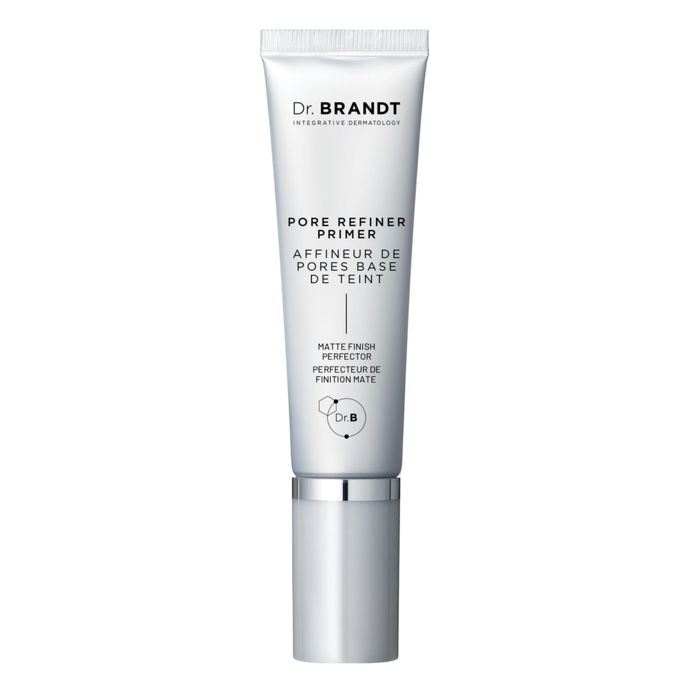Dr. Brandt Pores No More primer bottle close-up showing pore-refining formula