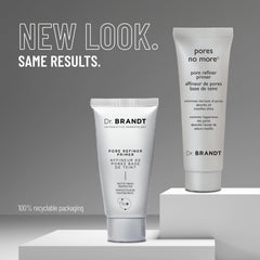 Dr Brandt Pores No More primer tube close-up highlighting lightweight, oil-control formula.