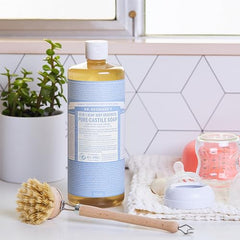 Dr. Bronner's Baby Unscented Pure-Castile soap no-scent label emphasizes simple, skin-friendly cleansing.