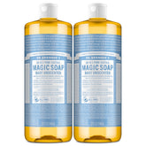 Dr. Bronner's Baby Unscented Pure-Castile soap pours, highlighting easy dilution for versatile, gentle cleaning.