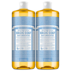 Dr. Bronner's Baby Unscented Pure-Castile soap pours, highlighting easy dilution for versatile, gentle cleaning.