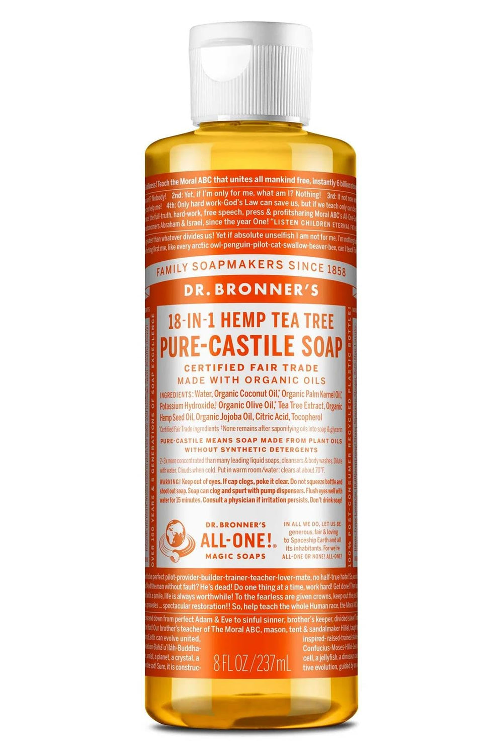 Dr. Bronner's Castile Liquid Soap Tea Tree bottle being poured for versatile cleaning