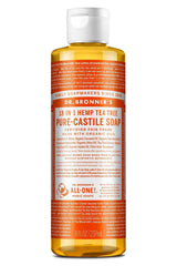 Dr. Bronner's Castile Liquid Soap Tea Tree bottle being poured for versatile cleaning
