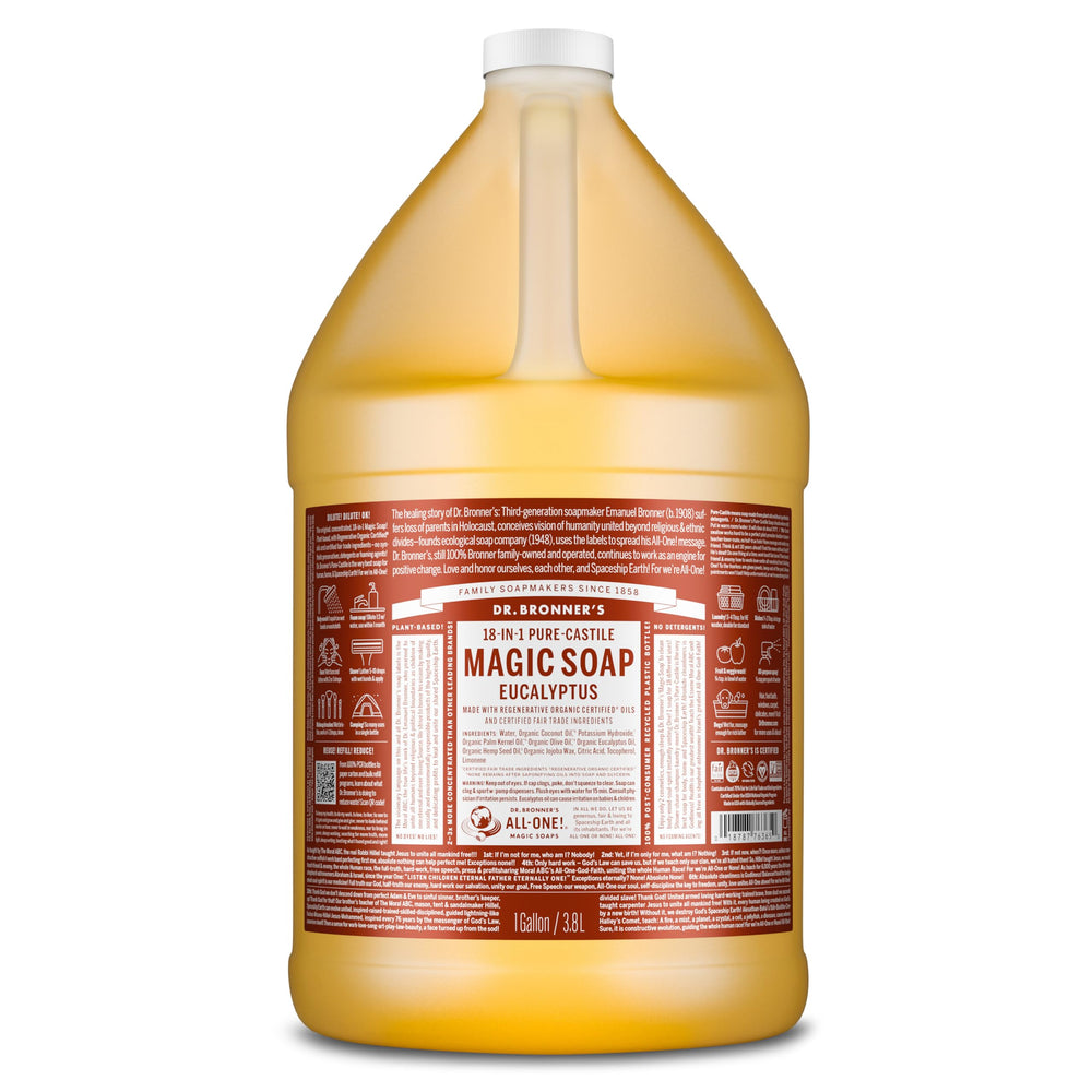 Dr. Bronner's eucalyptus pure-castile soap bottle with lush lather for skin cleansing