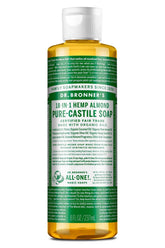 Dr. Bronner's Jabón Castile Almendra, botella visible, limpieza suave para cuerpo y manos.