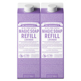 Dr. Bronner's Lavender Castile refill bottle pour shows versatile soap for body and dishes