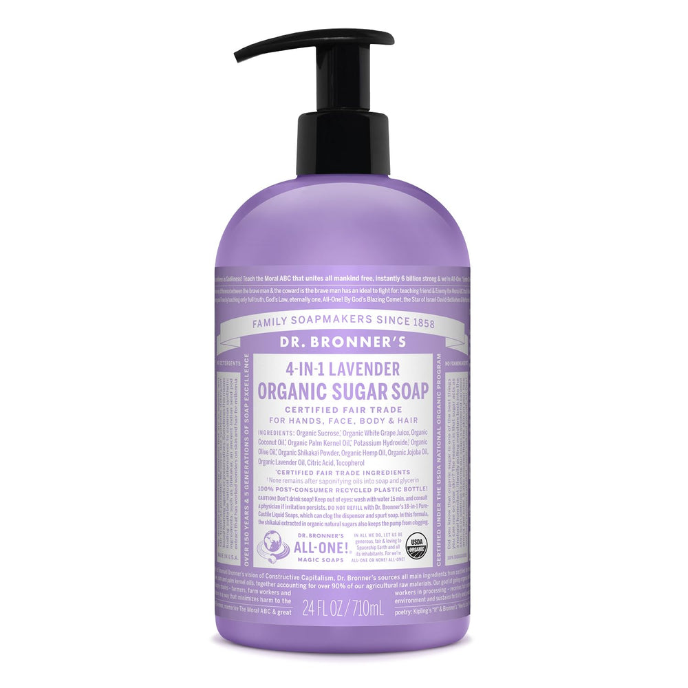 Dr. Bronner's lavender sugar soap bottle on bathroom shelf for gentle cleansing.