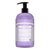 Dr. Bronner's lavender sugar soap bottle on bathroom shelf for gentle cleansing.