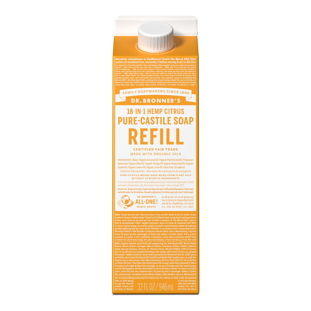 Dr. Bronner's liquid soap refill carton pouring reduces plastic waste.