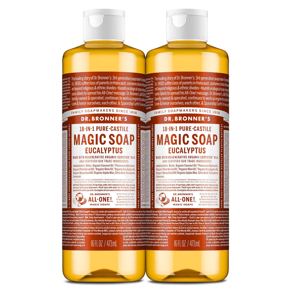 Dr. Bronner's Magic Soap eucalyptus bottle pour enables easy dilution for body and dishes.