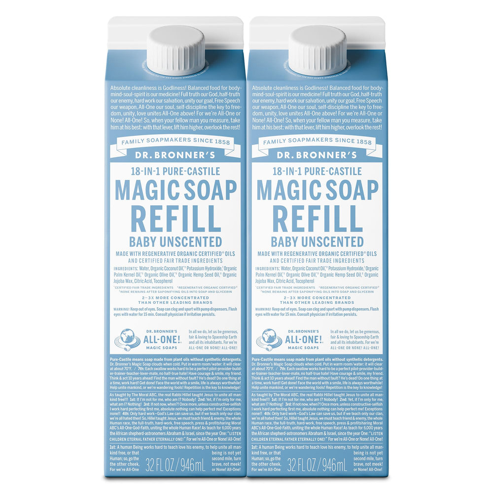 Dr. Bronner's Magic Soap refill bottle close-up showing 32 oz two-pack for versatile cleaning