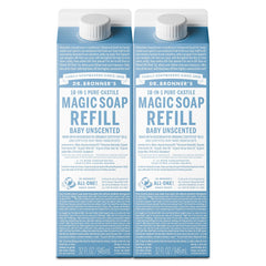 Dr. Bronner's Magic Soap refill bottle close-up showing 32 oz two-pack for versatile cleaning