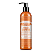 Dr. Bronner's orange-lavender lotion bottle displaying citrus aroma and hydration benefits