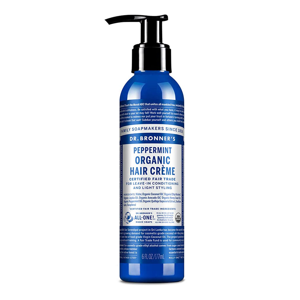 Dr. Bronner's Organic Hair Crème peppermint bottle highlights organic oils for shine and manageability.