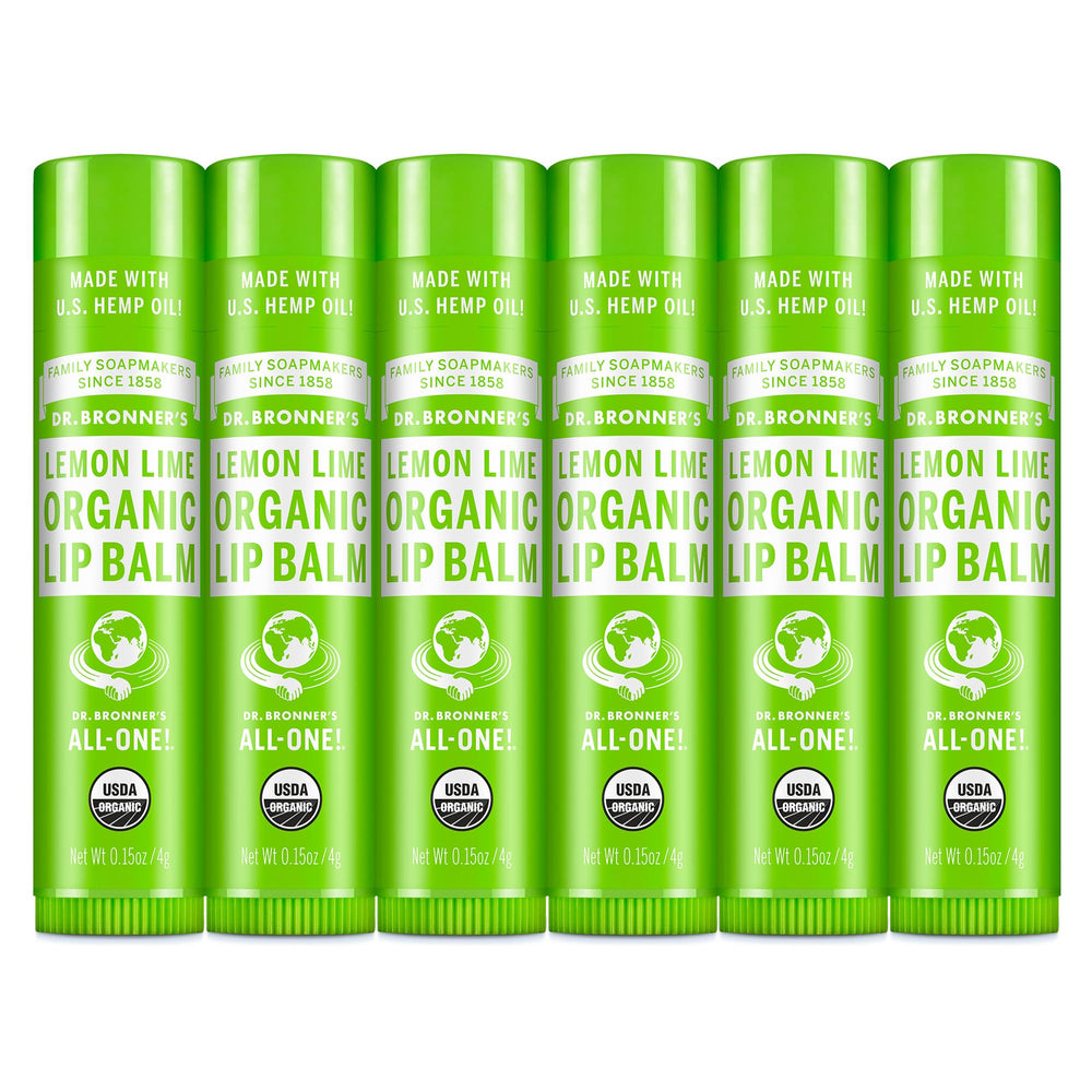 Dr Bronner's Lemon Lime Organic Lip Balm six-pack packaging for daily lip hydration