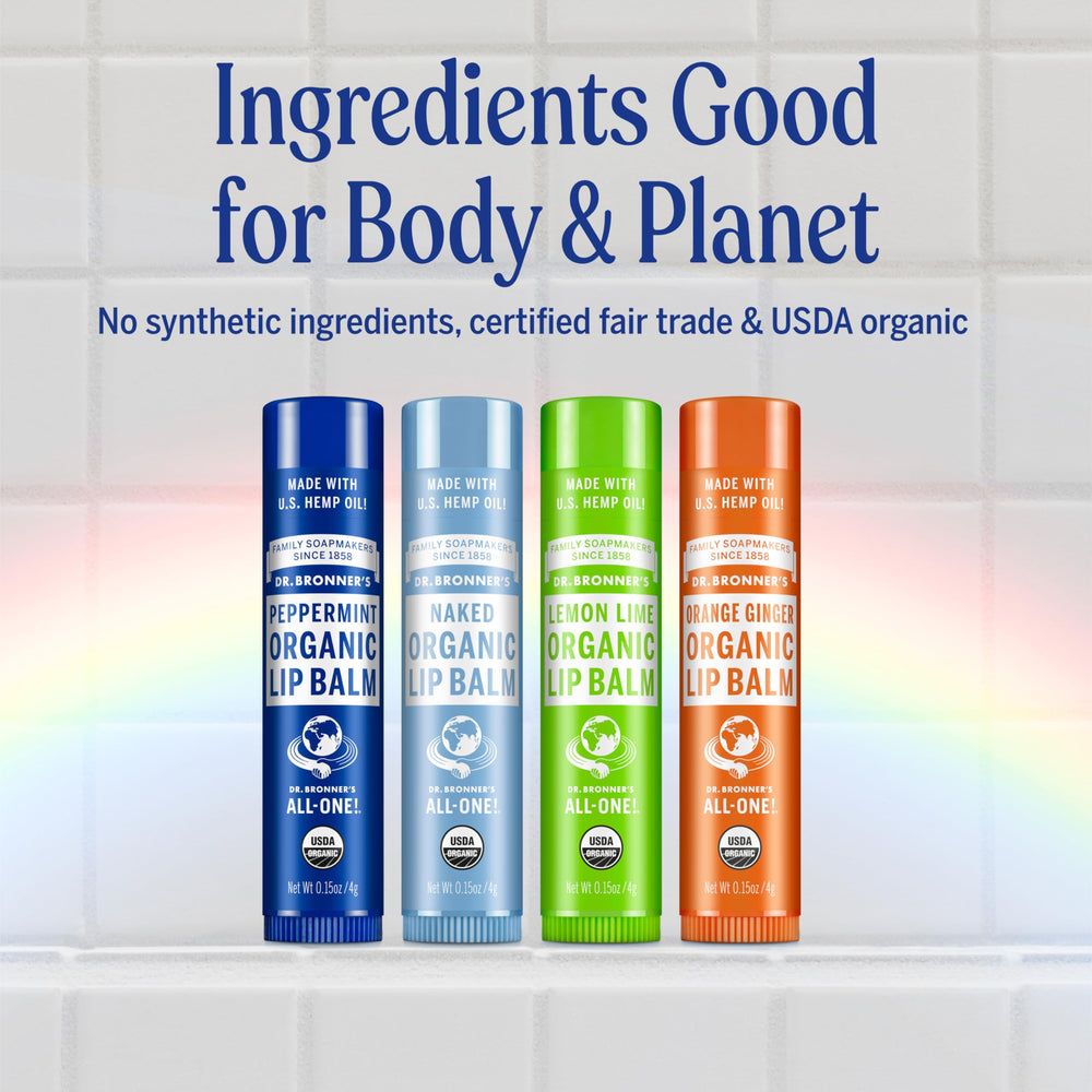 Dr. Bronner's six-pack lip balm displayed on shelf.