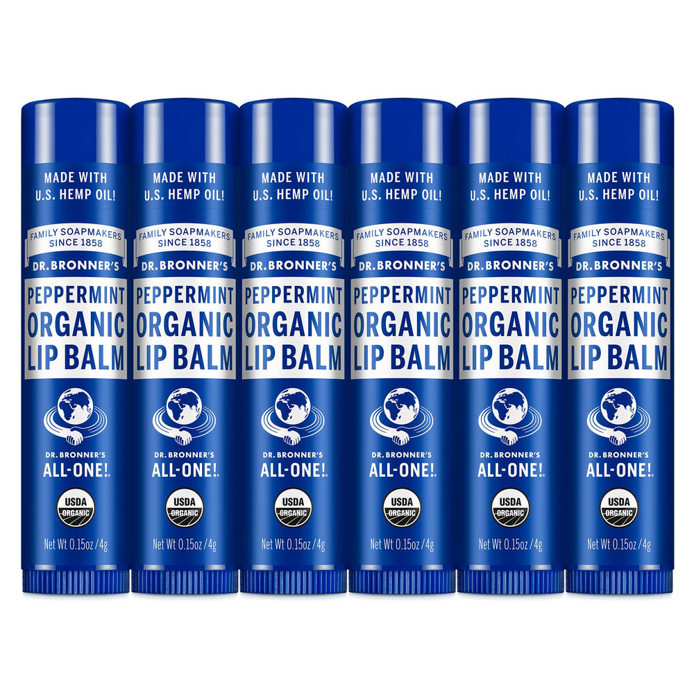 Dr. Bronner's Organic Lip Balm Peppermint 0.15 oz six-pack close-up for refreshing hydration.