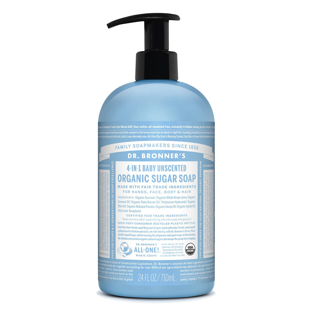 Dr. Bronner's Organic Sugar Soap baby unscented bottle for gentle all-over cleansing