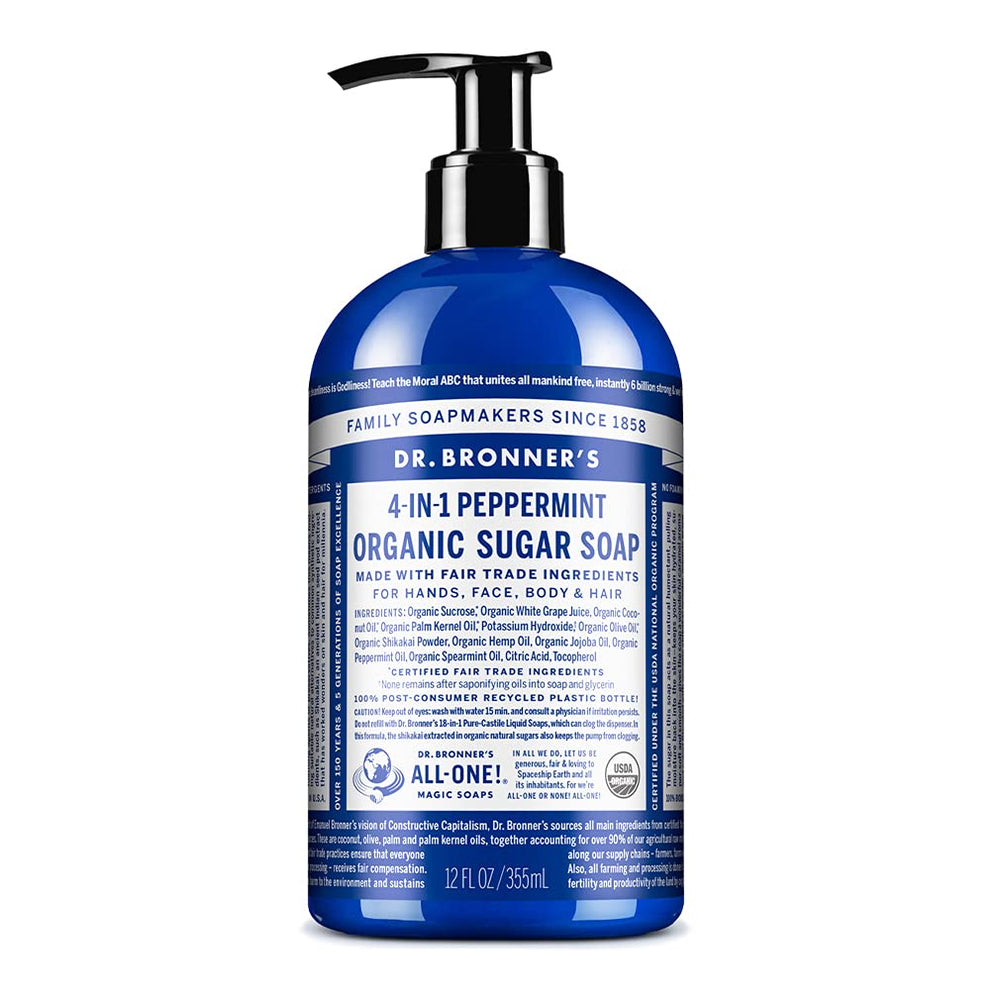 Dr. Bronner's Organic Sugar Soap Peppermint 12oz bottle highlights organic oils for cleansing.