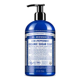 Dr. Bronner's Organic Sugar Soap Peppermint 12oz bottle highlights organic oils for cleansing.
