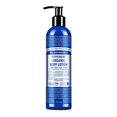 Dr. Bronner's Peppermint Lotion bottle highlighting organic oils for cooling hydration.