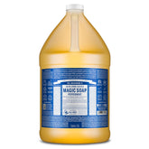 Dr. Bronner's peppermint pure-castile liquid soap bottle pouring for multipurpose cleaning