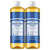 Dr. Bronner's peppermint soap bottle close-up highlighting concentrated castile formula for versatile cleaning