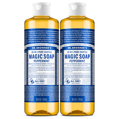 Dr. Bronner's peppermint soap bottle close-up highlighting concentrated castile formula for versatile cleaning