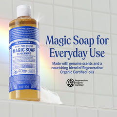 Dr. Bronner's peppermint soap lather demonstrates rich suds for body and hair care