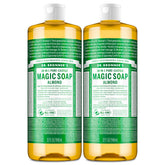 Dr. Bronner's Pure-Castile Almond bottle pouring for multi-use cleaning.