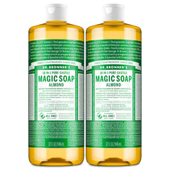 Dr. Bronner's Pure-Castile Almond bottle pouring for multi-use cleaning.