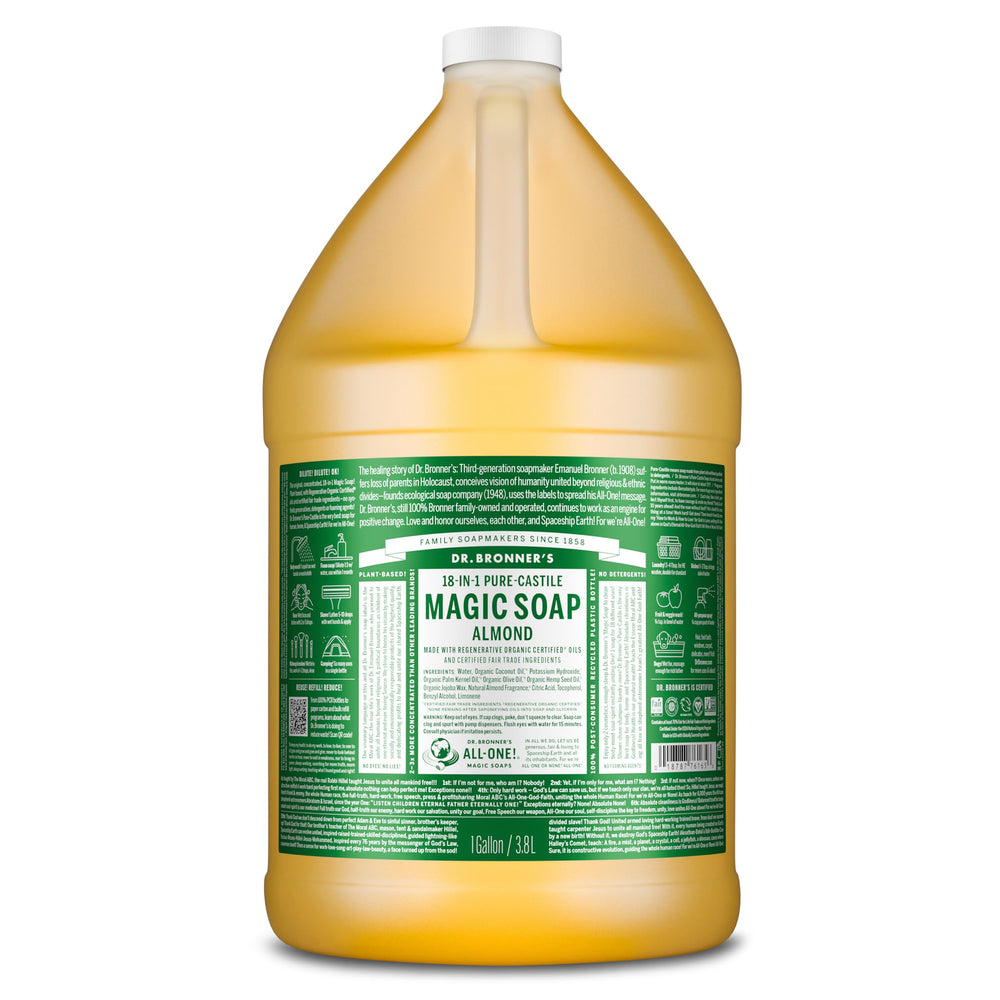 Dr. Bronner's Pure-Castile Almond bottle offers gentle cleansing for face and body.