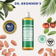 Dr. Bronner's Almond Castile label-closeup highlights organic ingredients and fair-trade sourcing.