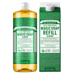 Dr. Bronner's Pure-Castile Almond Soap bottle delivers rich lather for body and hair.