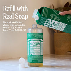 Dr. Bronner's Pure-Castile Almond Soap pour demonstrates easy refill for multi-use routines.