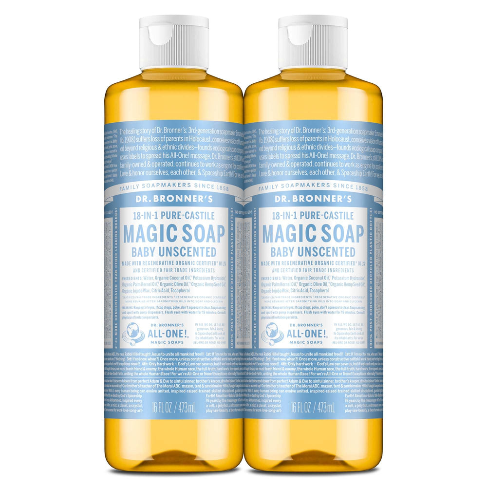 Dr. Bronner's Baby Unscented Pure-Castile two-pack bottles for versatile cleansing