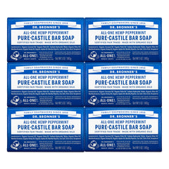 Dr. Bronner's peppermint Pure-Castile bar soap six-pack for daily cleansing.