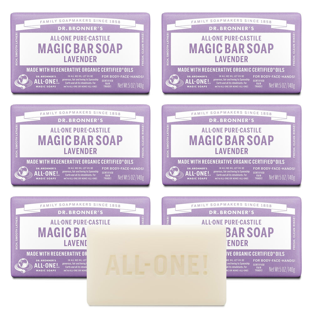Dr. Bronner's Pure-Castile Lavender Bar lather close-up for a refreshing cleanse.