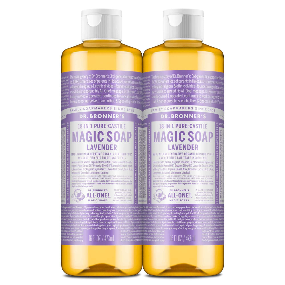 Dr. Bronner's Pure-Castile Lavender bottle close-up showing versatile cleansing options.