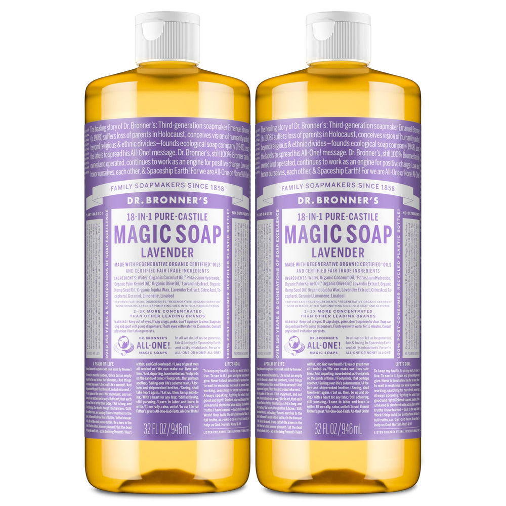 Dr. Bronner's Pure-Castile Lavender bottle demonstrates versatile use for body and dishwashing.