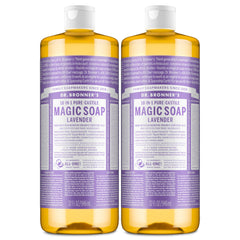 Dr. Bronner's Pure-Castile Lavender bottle demonstrates versatile use for body and dishwashing.