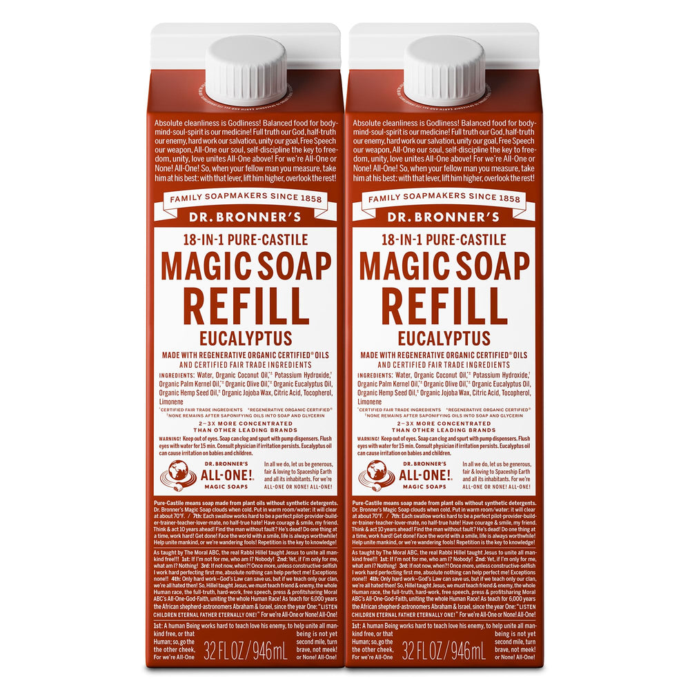 Dr. Bronner's Pure-Castile Refill bottle in Eucalyptus for versatile cleaning